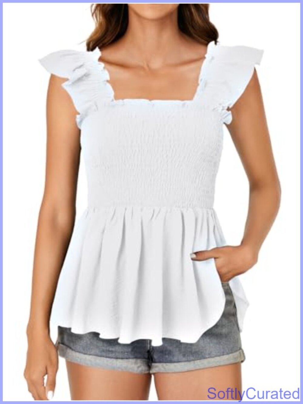Smocked Square Neck Peplum Cami Blouse Ruffle Hem - Picture 3 of 6